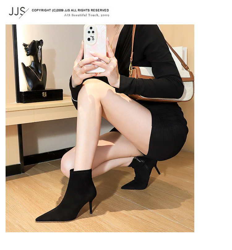 ShoeVault 8788-7 European And American Style Simple Thin Suede Pointed Toe Sexy Nightclub Slimming High Heel Short Tube Women's_vogvips.com