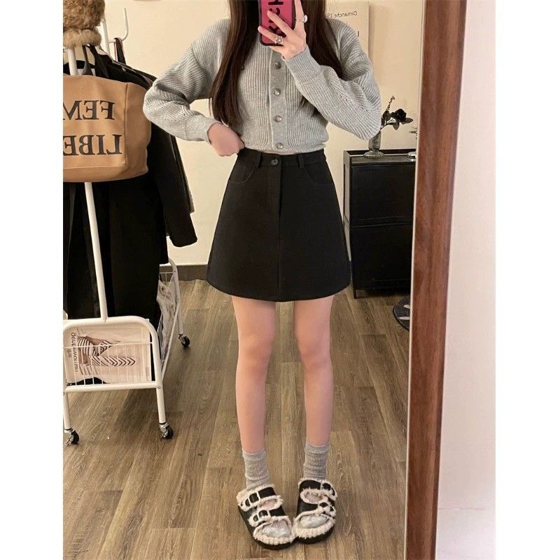 咖色毛呢半身裙女秋冬新款休闲百搭气质短裙高腰显瘦学院风a字裙|undefined