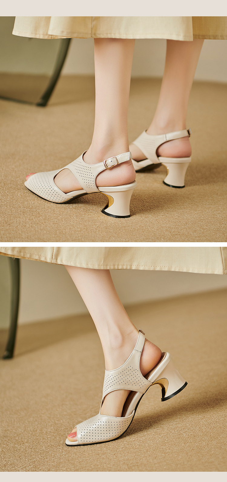 Sandal nữ quai ngang khóa da bò lớp 1 gót vuông hở mũi hở gót — Màu đen chi tiết 7