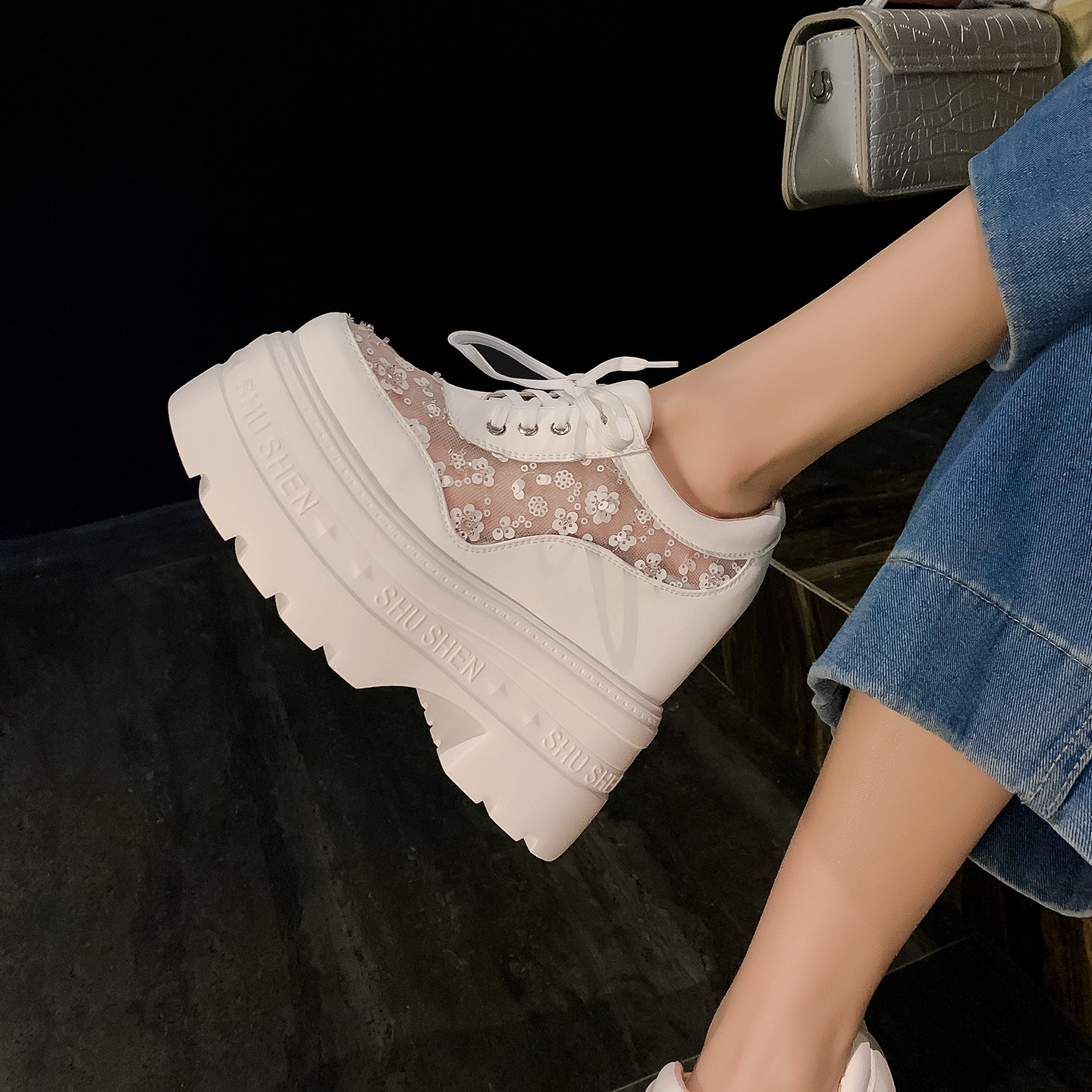 Giày sneaker nữ đế dày lưới thoáng khí, phối dây buộc phong cách loafer đế xuồng — Trắng 12cm, Trắng 15cm, Đen 12cm, Đen 15cm