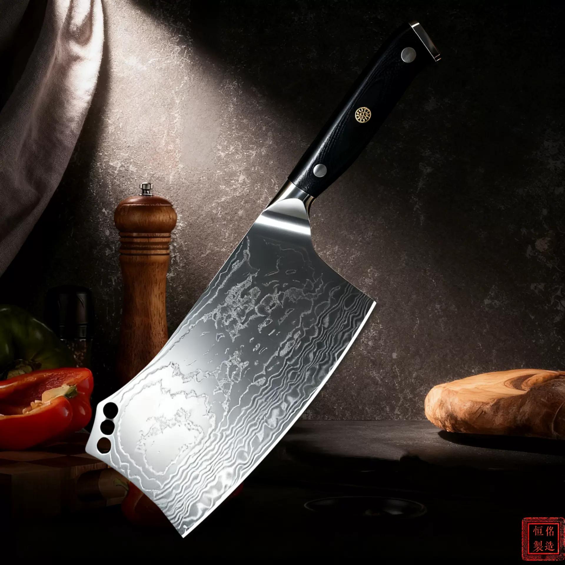 新款大马士革钢菜刀斩切两用刀家用厨房切片刀锻打大马钢厨师菜刀