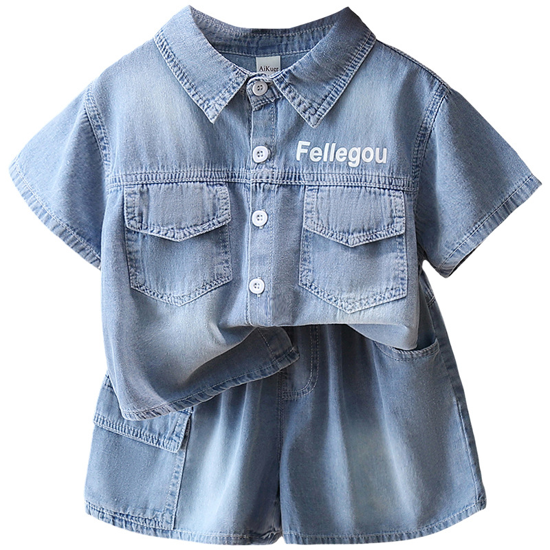 7215 Traje de verano para niños Camisa de mezclilla de color claro de manga corta Traje de dos piezas Hermoso traje para niños Ropa delgada de verano