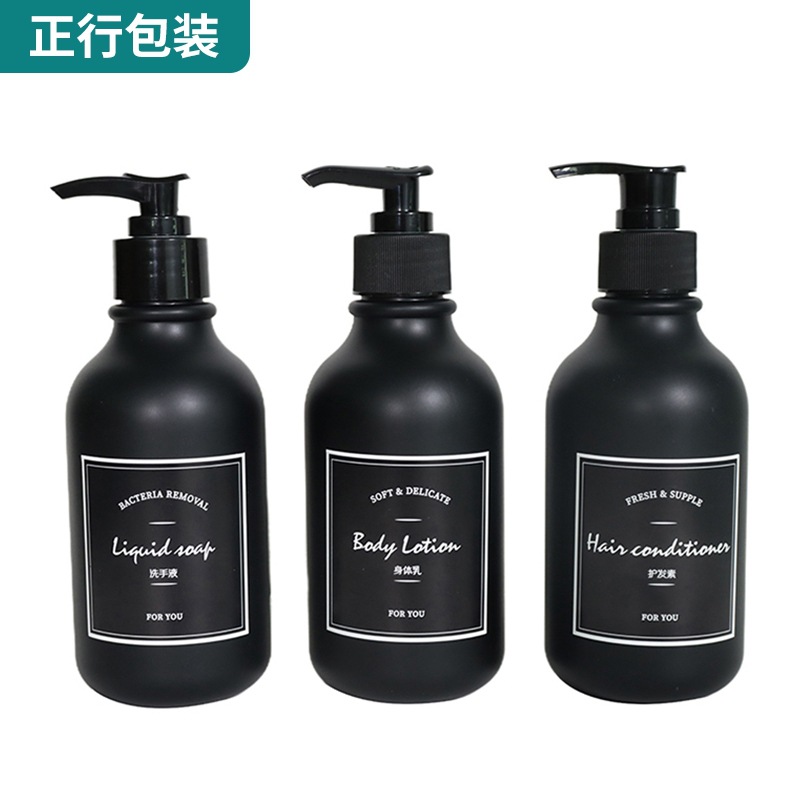 En stock negro boca larga cabeza de la bomba de ducha botella de gel de plástico para mascotas prensa botella de loción 300ml champú sub-botella