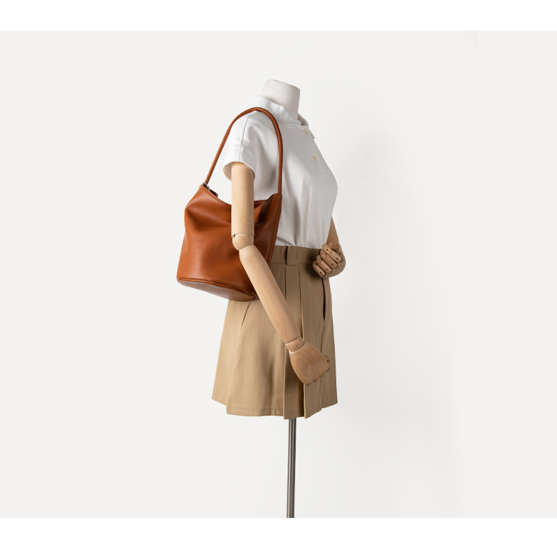 Shoulder Bucket Bag In Soft Leather Large Capacity Handbag_voghion.com