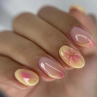 Short Glossy Wearable Nails Oval Stereo Glue Manicure 2025 New Flower Water Drop 24 Pieces European and American Wearable Nails