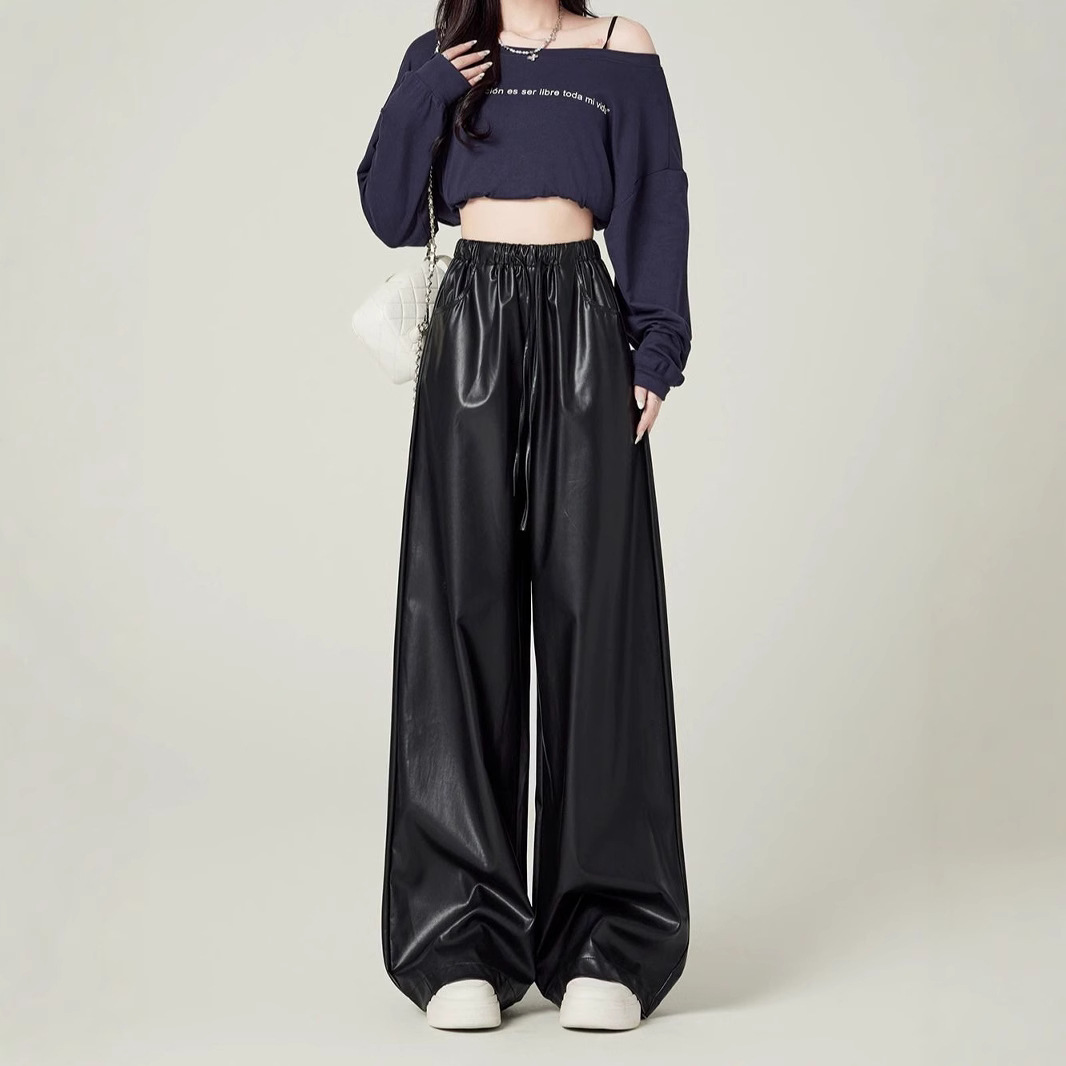 黑色高级感阔腿休闲皮裤女2024秋季新款PU皮松紧高腰显瘦拖地裤子