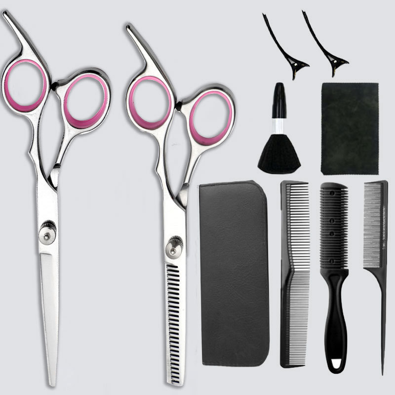 Los fabricantes venden tijeras de corte de pelo de acero inoxidable, corte, corte, corte de dientes planos, juego de adelgazamiento de rango medio, práctico hecho a mano