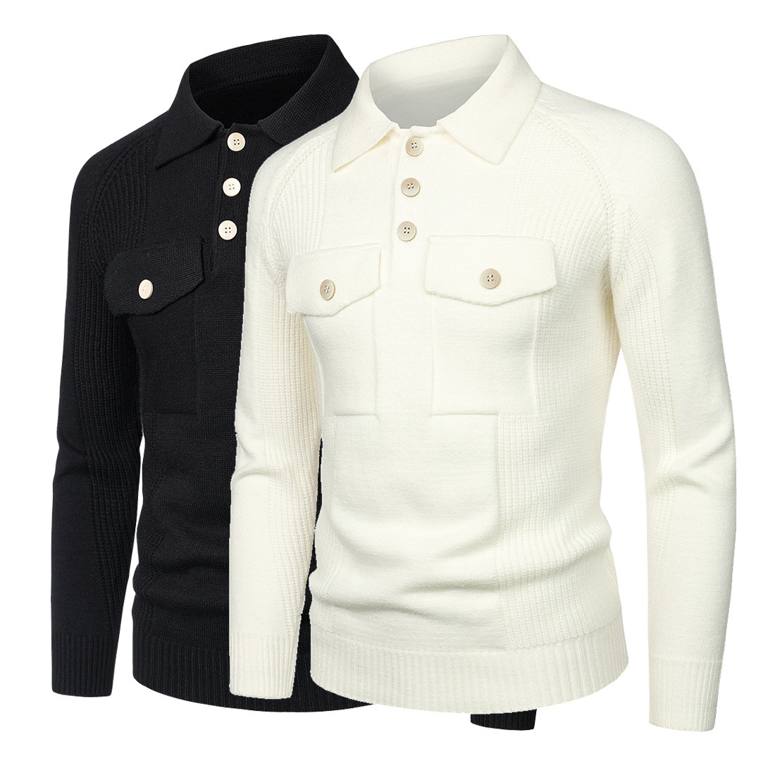 Autumn 2022 New Men's Pocket Decorative Lapel Workwear Knitwear Raglan Sleeve Slim Fit Sweater YM141