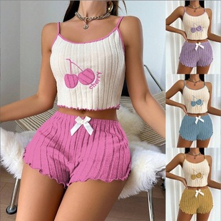 Foreign Trade European and American Cross-Border Women's Home Wear Popular Embroidered Threaded Brushed Camisole Shorts Women's Two-Piece Suit