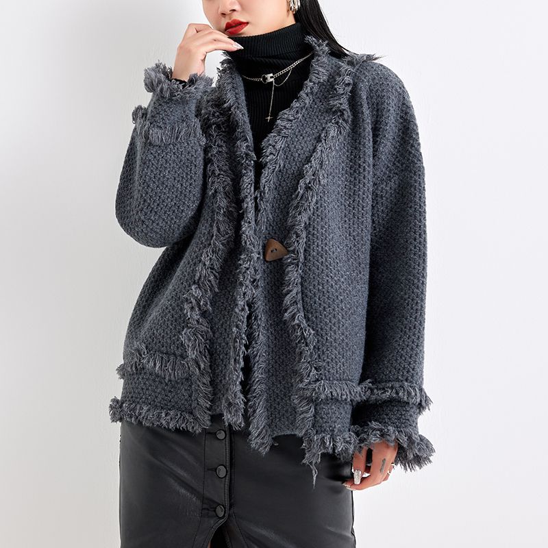 流苏边加厚新款春秋毛衣外套宽松大码针织衫纯色时尚外穿开衫