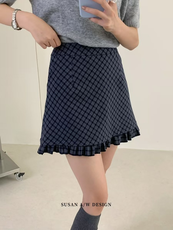 8.16 韩版复古木耳边格纹高腰半身裙女2025早秋季新款短裙26721|undefined