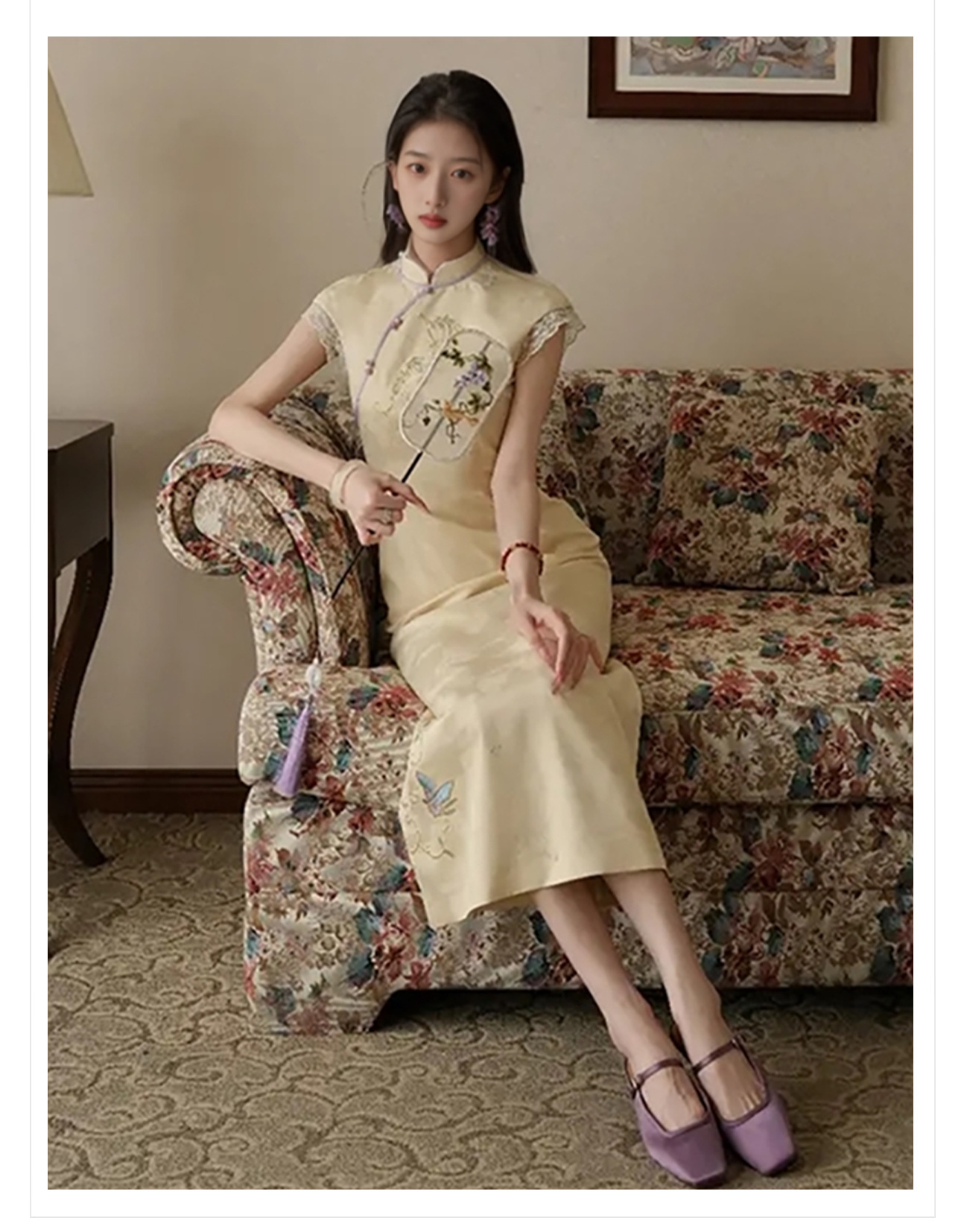 Váy sườn xám thêu cải tiến cao cấp cổ đứng tay bồng phong cách dân tộc mùa hè — Màu trắng, Màu mơ chi tiết 3