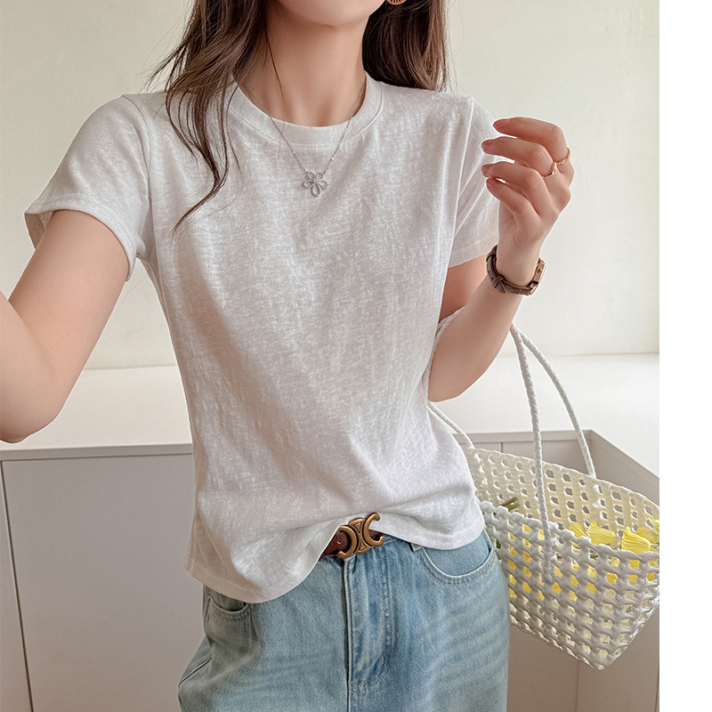 Small Round Neck Snowflake Cotton Basic Style Regular Shoulder Short-Sleeve T-Shirt for Women, Loose Korean Style Summer Thin High-End Top