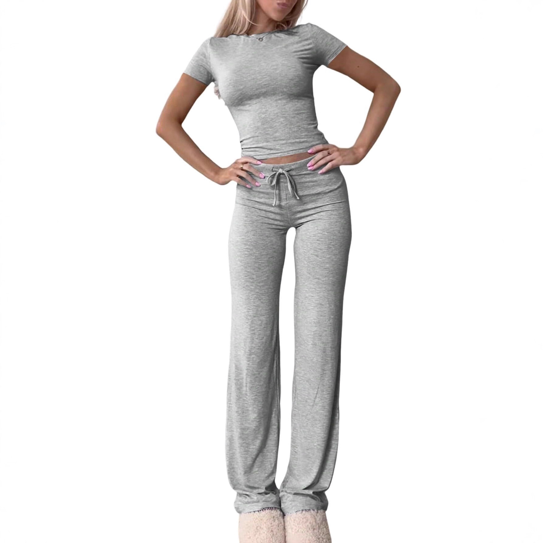 2025 European And American Cross-Border New Casual Set Short Sleeve Top Long Pants Homewear Sportswear Yoga Wear_ecoleips.com