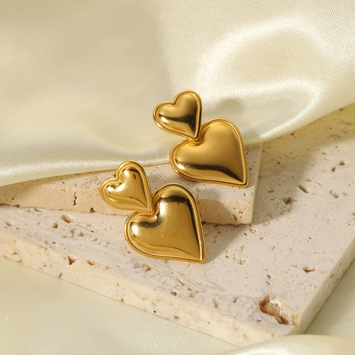 European and American ins celebrity earrings 18k gold love pendant earrings double peach heart earrings stainless steel earrings