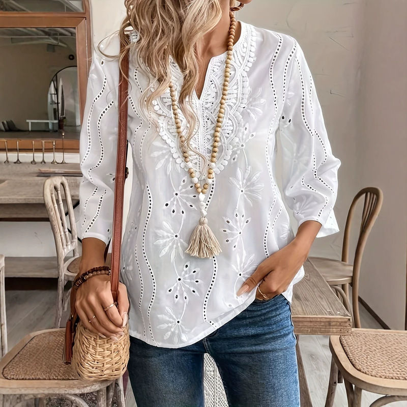 European and American Cross-border Autumn New Loosen V-neck Elegant Commuter Embroidered Horn Sleeve Lace Top Chiffon Shirt