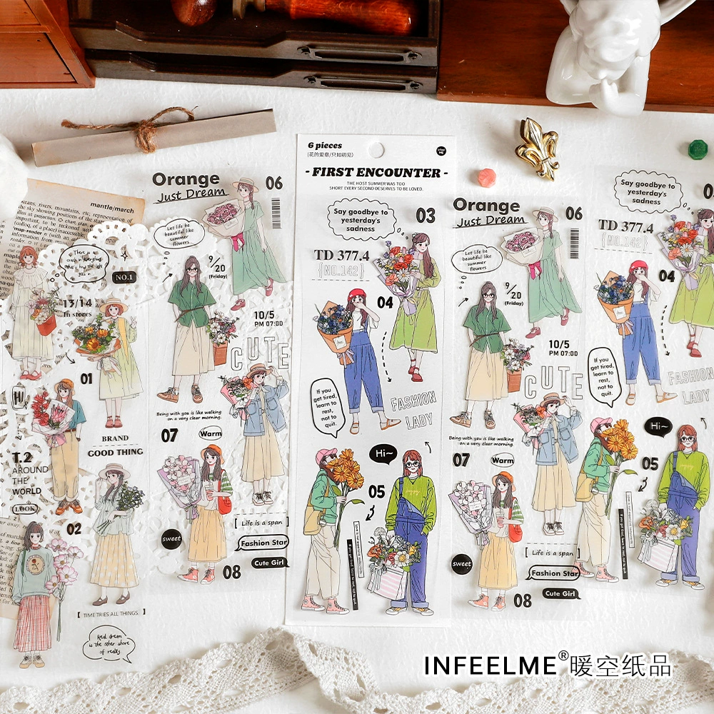 Сегментированные наклейки на ленте (InfeelMe) Любовная серия — Цветущая девочка, 6 листов, 6 дизайнов