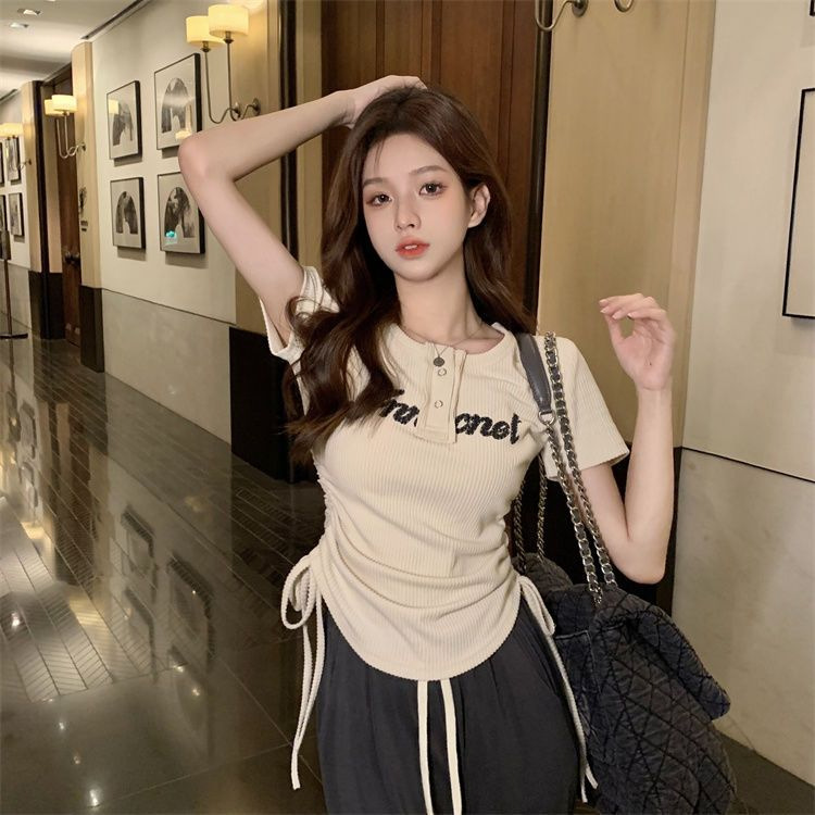 Sommer New Style American Sweet Cool Spicy Girl Kordelzug Kurzarm Abnehmen T-Shirt Ice Silk Weites Bein Lange Hosen_voghion.com