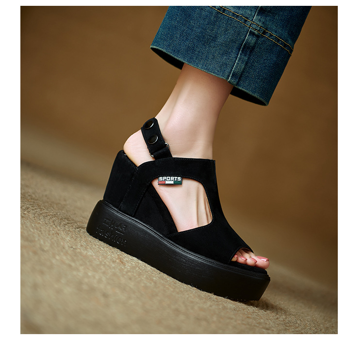 Sandal cao gót nữ hở mũi đế xuồng tăng chiều cao, phong cách La Mã, gót 9 cm — màu đen, xanh lá cây chi tiết 16