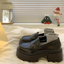 英伦风小皮鞋2023秋季新款好搭一脚蹬单鞋圆头厚底增高黑色乐福鞋