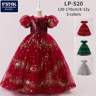 Girls' Dress Santa Princess Dress Fashion Sequin Bubble Sleeve Wrought Cloth Big Kids Christmas Party Evening Dress