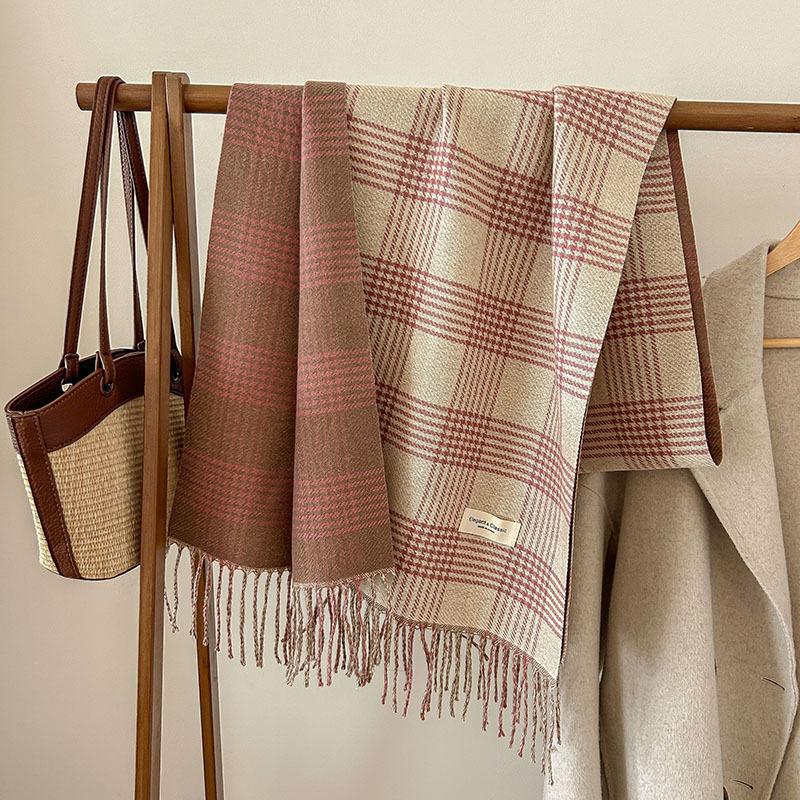 Autumn and Winter Classic I mitation Cashmere Line Grid Double sided Tassel Scarf Versatile Women's Sweet Korean Version_voghion.com