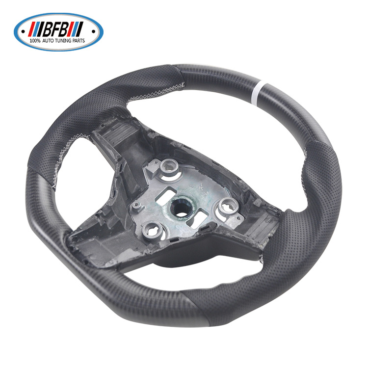 100% Real Carbon Fiber Matte Steering Wheel with Black Perforated Leather and White Stitching and White Logo - For Tesla Model Y - Modification
