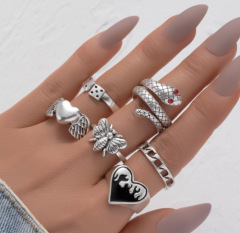 歐美跨境合金個性鏈條戒指套裝復古蛇愛心戒指6件套骰子戒指