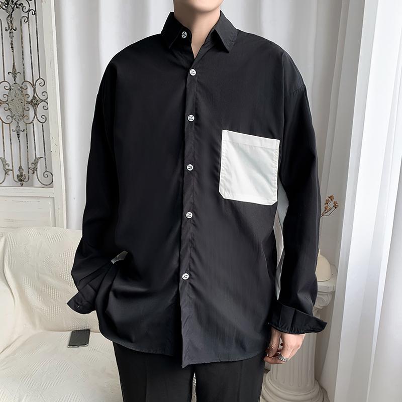 Men's Black And White Patchwork Long Sleeve Casual Shirt Trendy_voghion.com