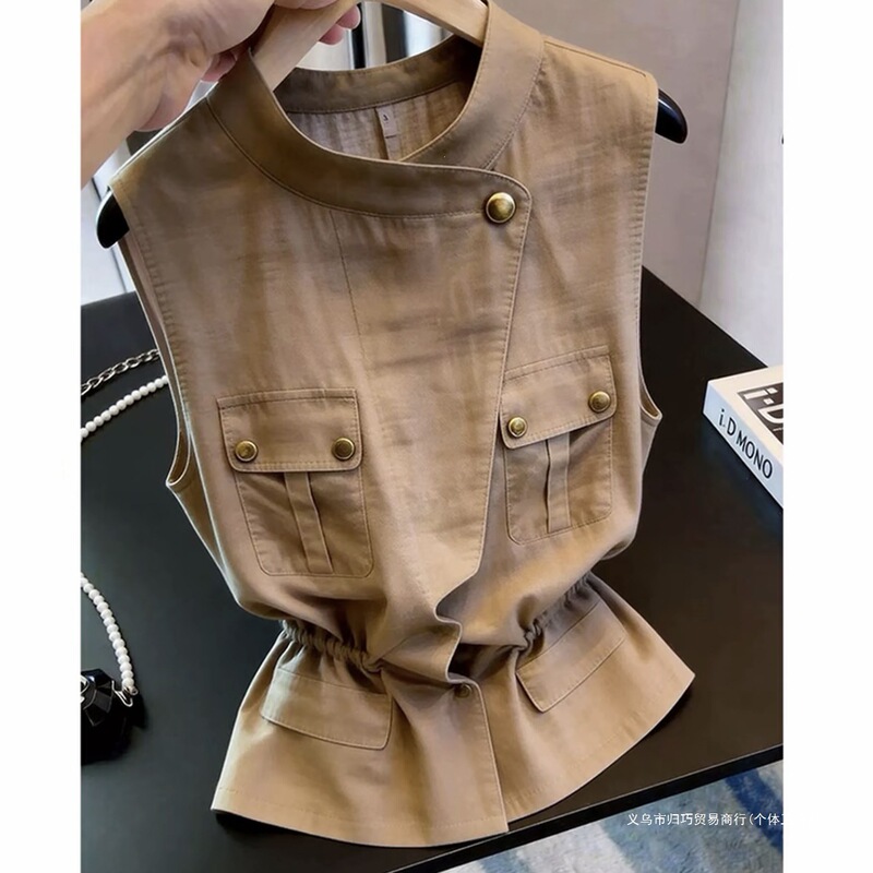 Relaxed Workwear Style Sleeveless Shirt, New Summer Style, Simple Waist-Cinching Slimming Casual Shirt, T-Shirt Top for Women Relaxed Workwear Style Sleeveless Shirt, New Summer Style, Simple Waist-Cinching Slimming Casual Shirt, T-Shirt Top for Women