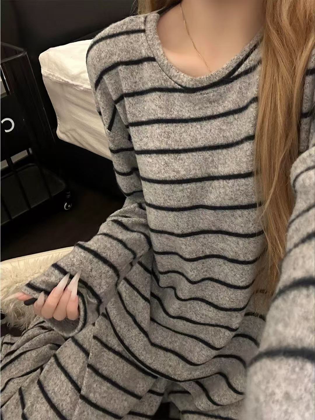 Pigiama a righe semplice, a blocchi di colore, in velluto termico, per donna, autunno inverno, stile coreano, nuovo, caldo_voghion.com