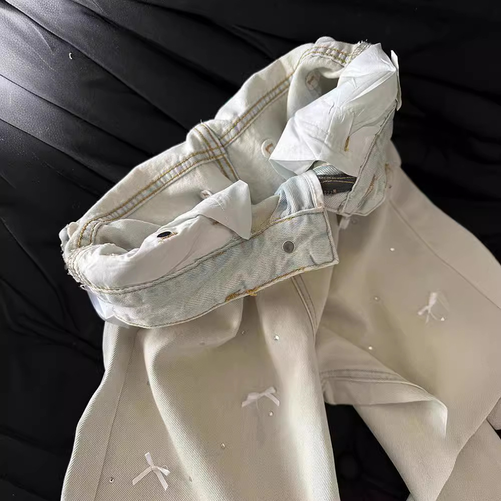 Three Dimensional Bow Design With Hot Diamonds, High Waist And Slim Light Blue Jeans, Washed Straight And Casual Mopping Trousers_ecoleips.com