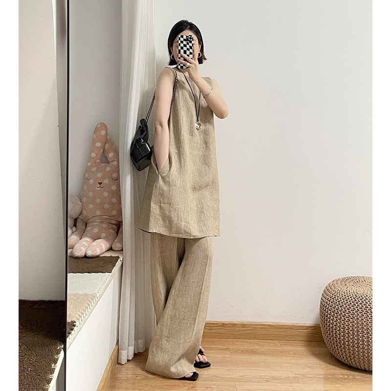 3555 リネンスーツレディース夏のファッションリラックス着用レイヤードベストスカートワイドレッグパンツコットンとリネンの2点セット|undefined