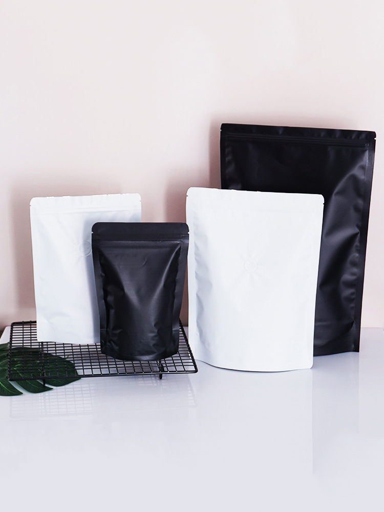 Granos de café bolsa de embalaje cremallera unidireccional válvula de escape gruesa lámina de aluminio alimentos personalizados bocadillos té auto-sellar autosuficiente