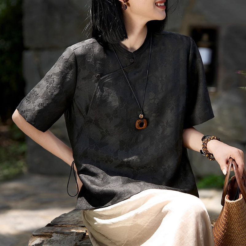 2026 Mulberry Silk Wushan Misty Stream Sand Silk Intangible Cultural Heritage Red Cloud Silk Shirt Four-Thread Twisted National Style Silk Top for Women