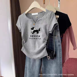 欧货正肩V领纯棉短袖t恤女夏季2025新款设计感小众收腰修身上衣潮