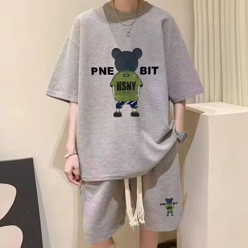 2026 Summer New Men's Casual Sports Suit Short-Sleeve T-Shirt Trendy Five-Point Shorts Loose Hong Kong Style Two-Piece Set