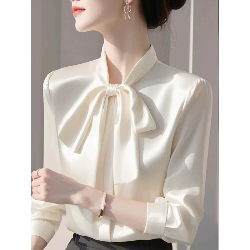 Белая банта стримерная рубашка женский 2025 новый весенний премиум-класса сенсорный внутренний атласный рубашка топ