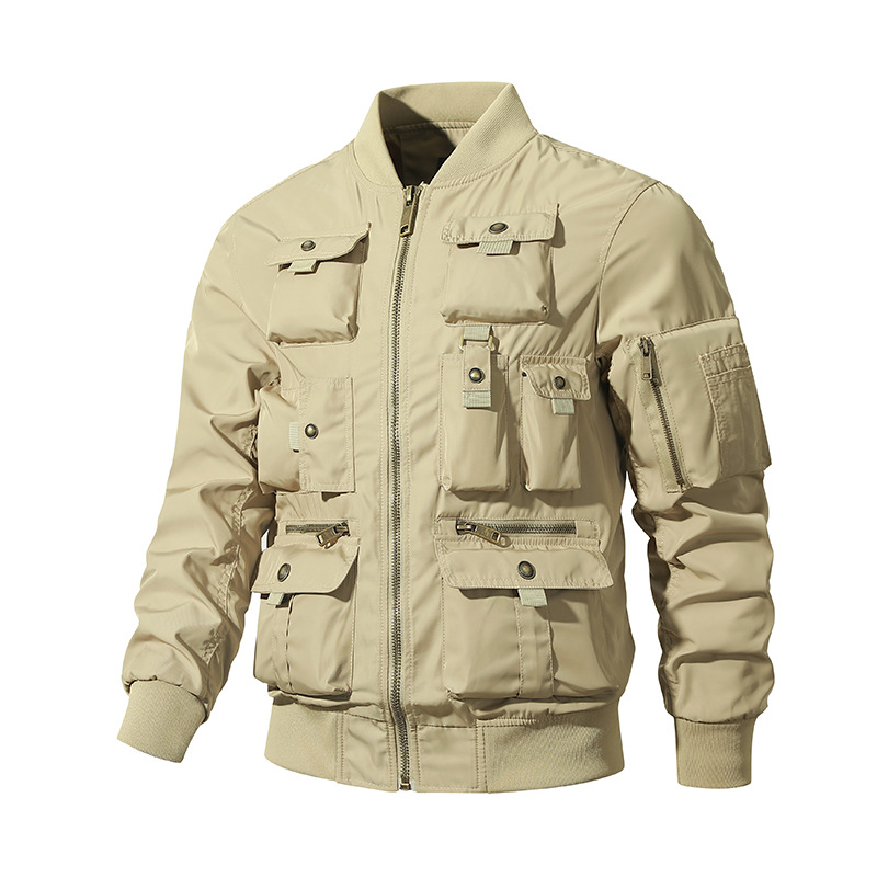 Três chaquetas de vuelo de vestir, chaqueta de béisbol masculina multibolsillo, chaqueta de herramientas, chaqueta de ciclismo al aire libre