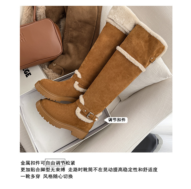 Boot tuyết nữ đế dày cổ cao quá gối lót lông cừu chống trơn trượt bo gấu lông — màu nâu chi tiết 12