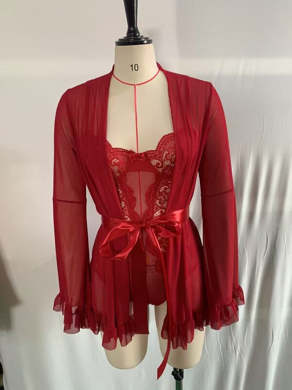 European and American Valentine's Day Sex Underwear Sexy Solid Color Lace Strap Skirt Mesh Perspective Lace Robe Home Clothes Set European and American Valentine's Day Sex Underwear Sexy Solid Color Lace Strap Skirt Mesh Perspective Lace Robe Home Clothes Set