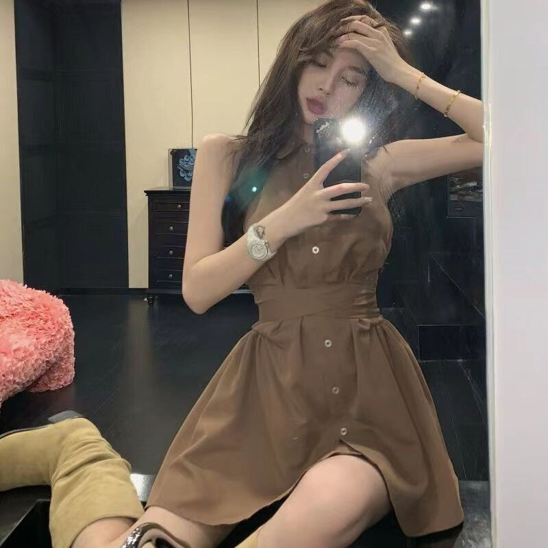 French Style Hot Girl Shirt Hanging Neck dress Women's 2025 Summer Short Back Bow Sleeveless Waist Polo Skirt