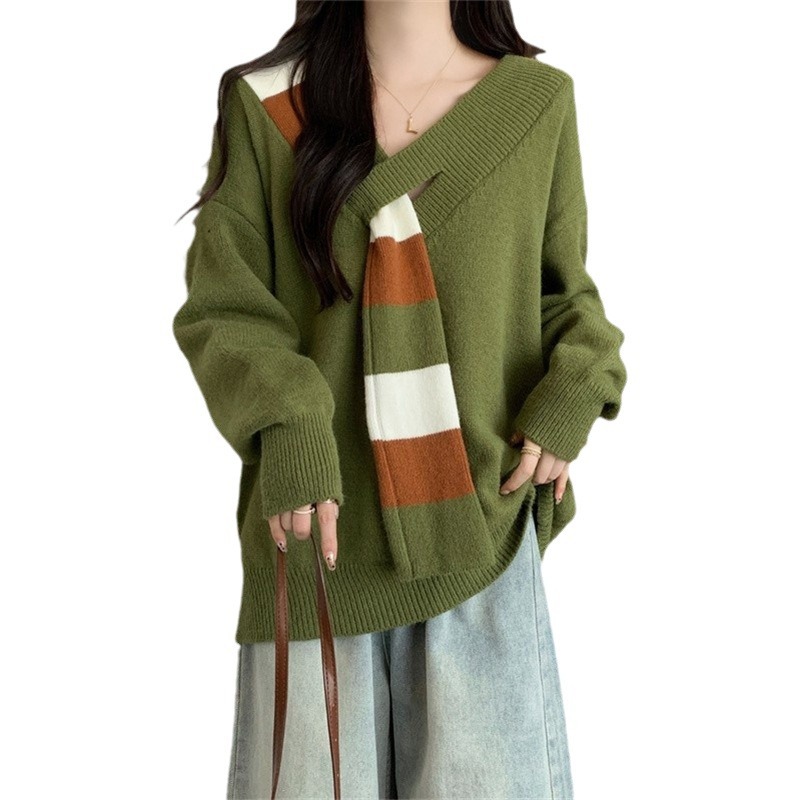 V-hals casual gebreide dameskleding 2024 herfst winter nieuwe trui trui modieus los en lui stijl eenvoudig_voghion.com