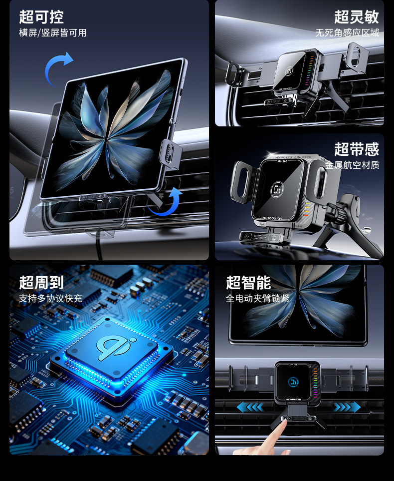 New foldable car phone holder with a 90-degree rotating base, comes with a fast-charging cable and supports phones without wireless charging capabilities