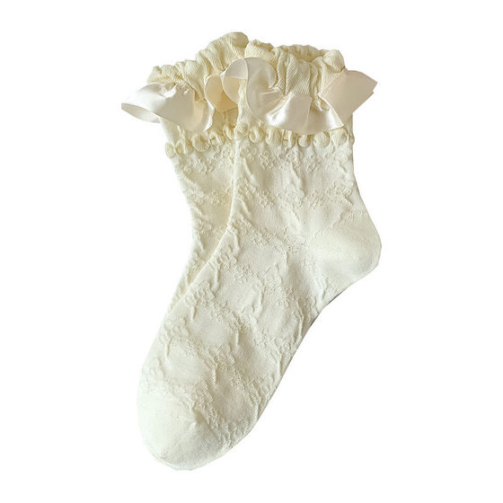 Mid-tube socks for children spring and summer lolita sweet ribbon solid color bubble lace women's socks jk wind lolita hemp pattern