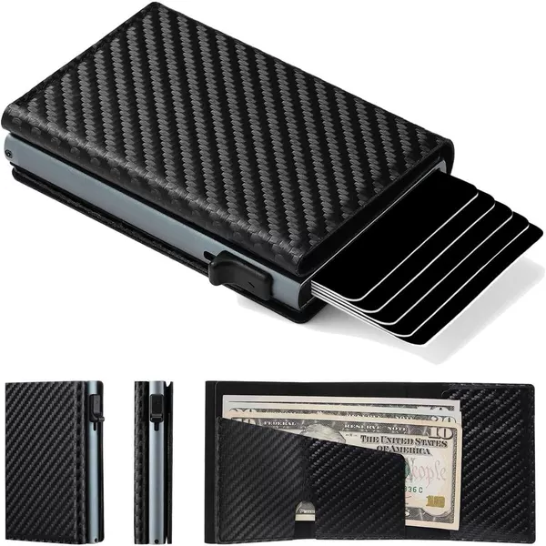 Men's RFID-blocking ultra-thin minimalist wallet, carbon fiber texture, minimalist cardholder, metal material