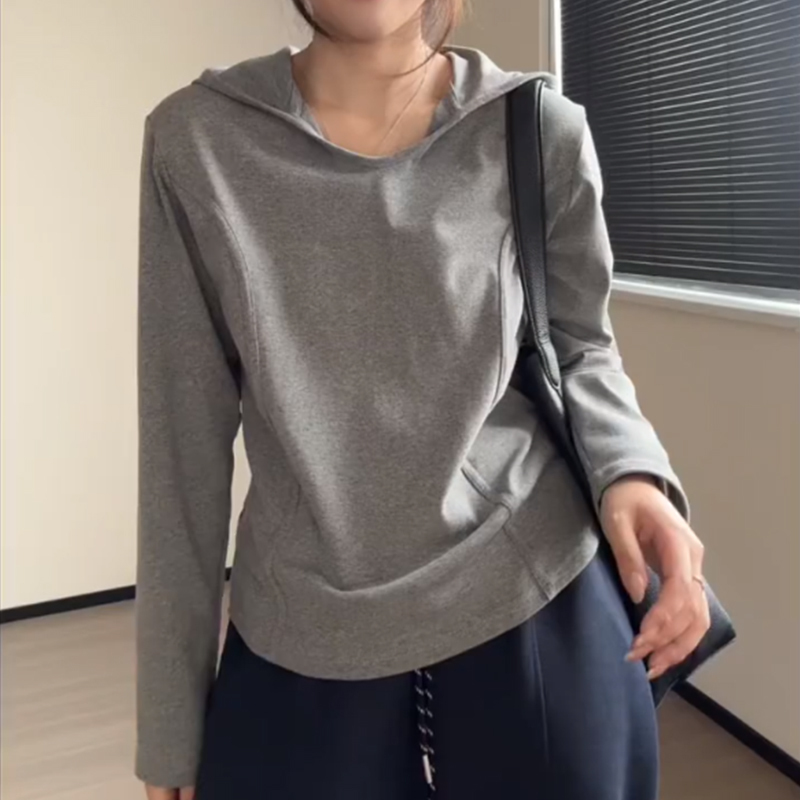正肩鱼骨长袖t恤女春秋连帽薄卫衣大码女装胖mm显瘦秋上衣女新款|undefined