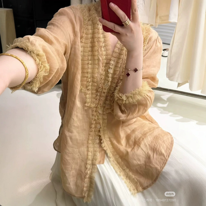 Ramie Shirt for Women, Lace V-Neck, Pleated French Style, Lightweight and Flowing, Vintage Shirt, New for Spring/Summer 2026 Ramie Shirt for Women, Lace V-Neck, Pleated French Style, Lightweight and Flowing, Vintage Shirt, New for Spring/Summer 2026