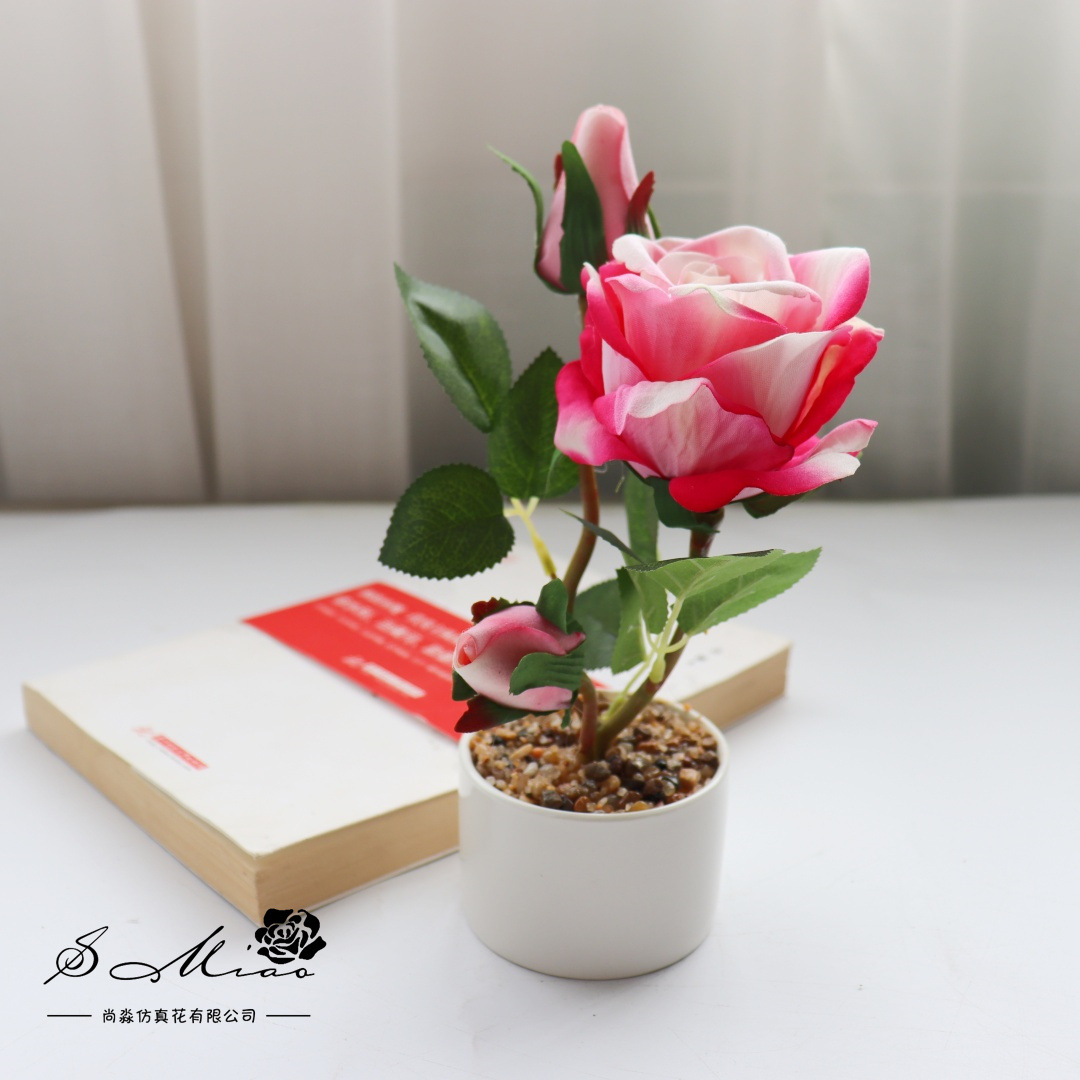 Flores falsas de terciopelo de alta calidad rosa pequeña flor de bonsai decoración de moda creativa plantación verde artificial imitación maceta