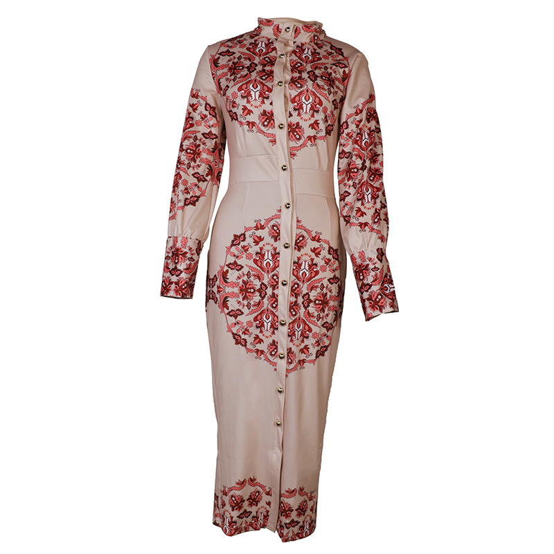Women's Printed Stand Collar Dress With Long Sleeves For Women_voghion.com